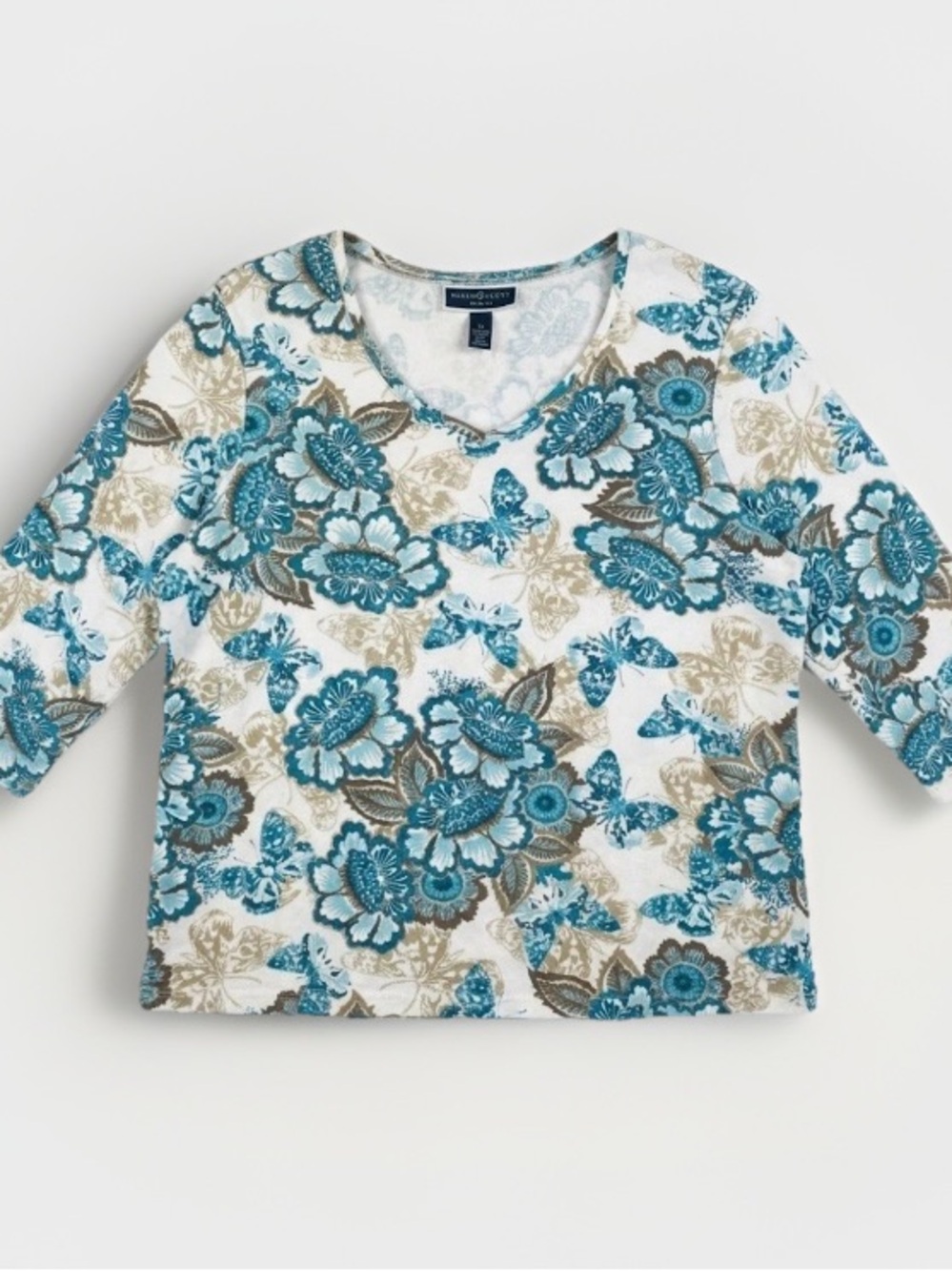 Karen Scott Woman Blue & Tan Butterfly Floral Top 3/4 Sleeve Size 3X